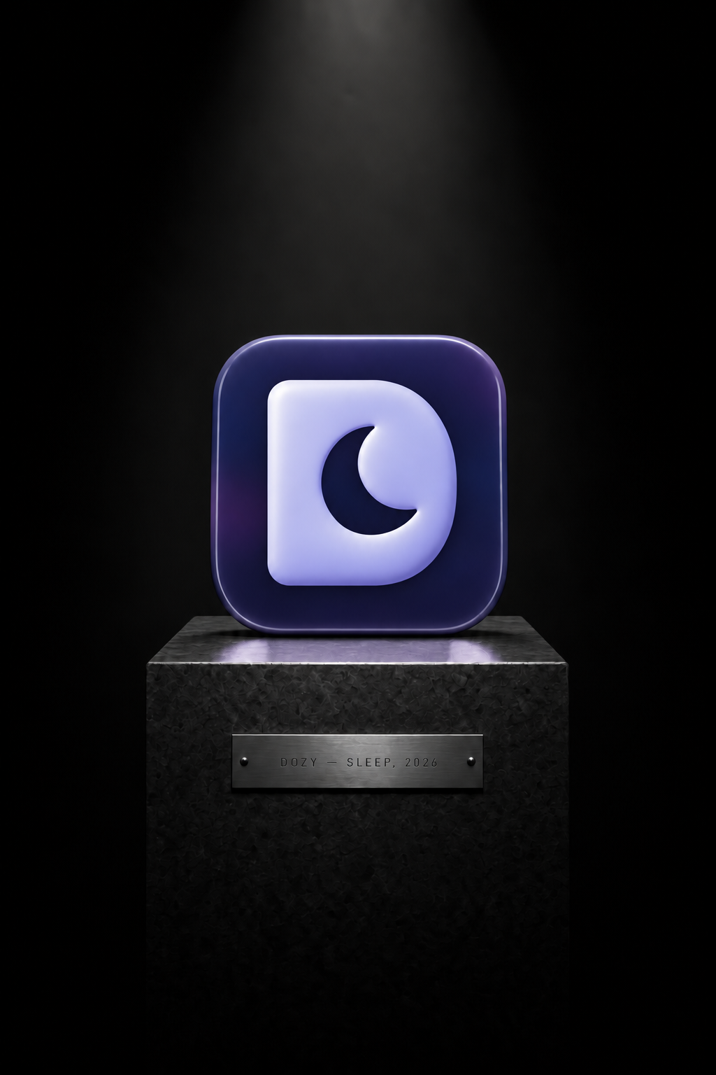 Dozy — Sleep, 2026. The Dozy app icon, a sculpted lavender D with a crescent moon on midnight indigo, displayed on a spotlit museum pedestal.