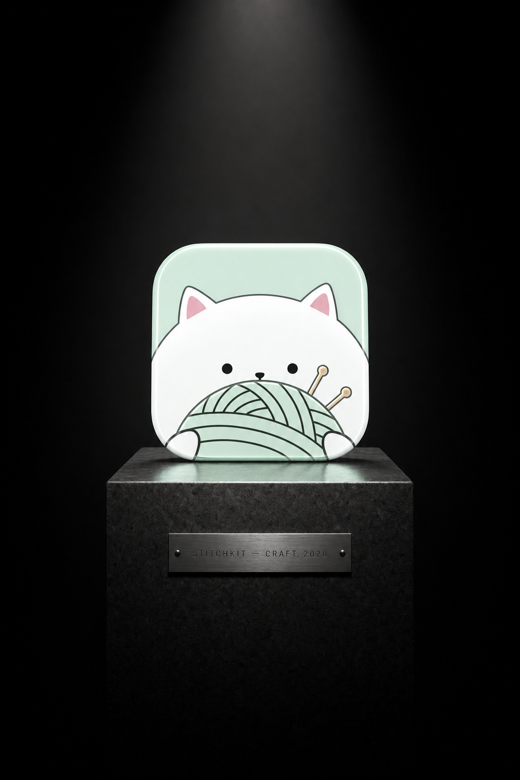 StitchKit — Craft, 2026. The StitchKit app icon, a white cat with a ball of yarn, displayed on a spotlit museum pedestal.