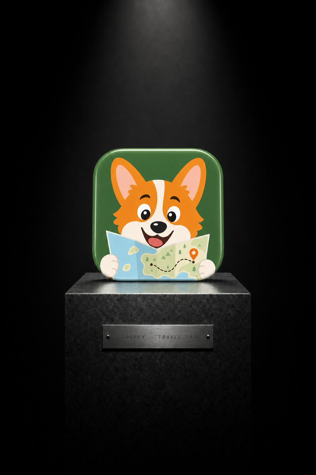 Trippy — Travel, 2026. The Trippy app icon, a corgi reading a map, displayed on a spotlit museum pedestal.